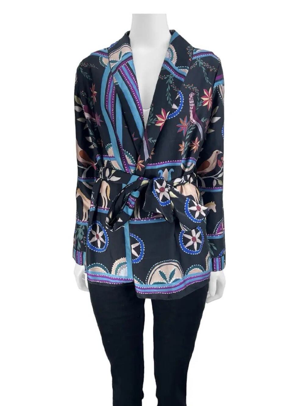 NWOT Patbo Black Retro Horse Print Collared Button Tie Waist Blouse L